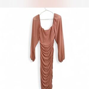 Elegant Ruched Long Sleeve Dress in Tan